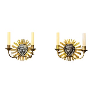 1930 Louise XIV Style Sunburst Shape Bronze Sconces 2 Lights For Sale