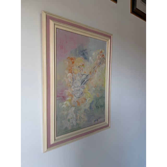 Beautiful 1970’s Impressionist abstract oil on canvas titled “Guitar + Girl” by artist Iras. This soft and ethereal...
