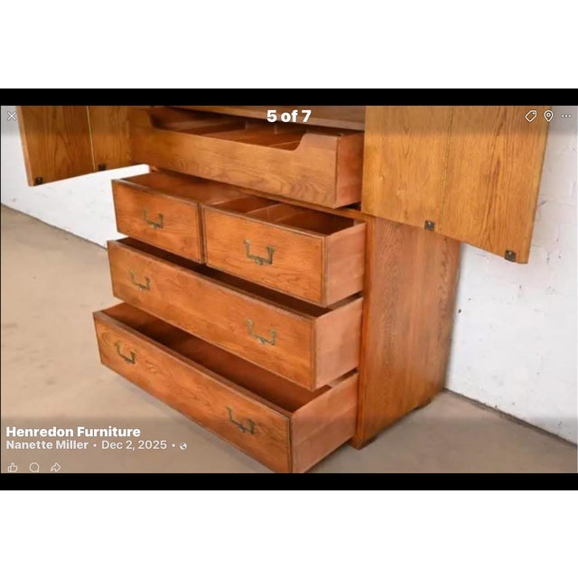 Chestnut 1970s Henredon Artefacts Campaign-Style Mid-Century Oak Armoire For Sale - Image 8 of 8
