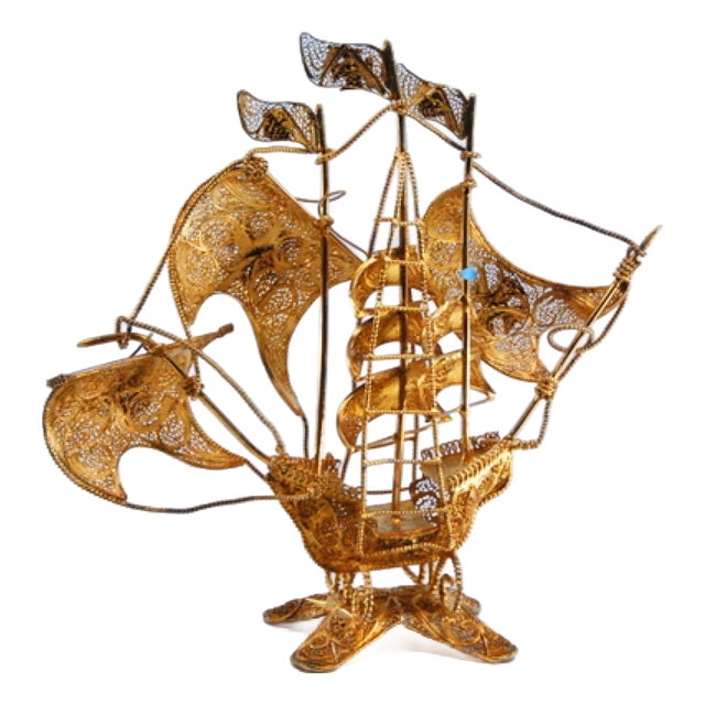 Silver Filigree Caravel with Enameled Crosses on the Sails and Mast For Sale