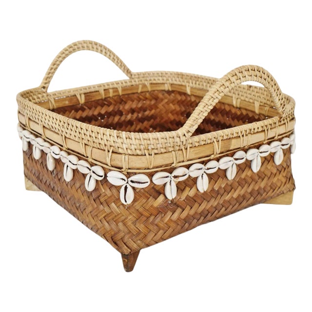 Vintage Coastal Large Bamboo & Cowry Basket For Sale