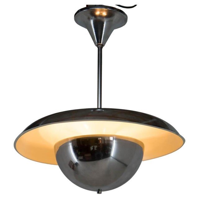 Very early ufo chandelier designed by anyz and executed by ias in 1930s. Chandelier was restored: two cracks on the edge...