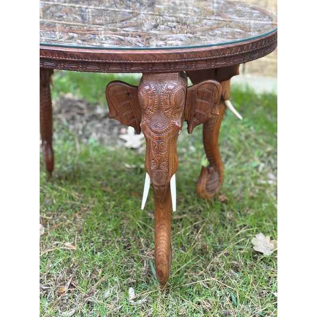 Antique Anglo-Indian Hand Carved Elephant Head Figures, Glass Top Oval Table For Sale - Image 9 of 9