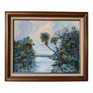 Vintage W. Flosier Tropical Florida Highwaymen Style Oil on Masonite Board – Framed For Sale