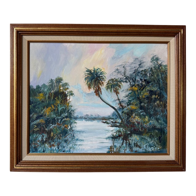 Vintage W. Flosier Tropical Florida Highwaymen Style Oil on Masonite Board – Framed For Sale