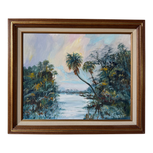 Vintage W. Flosier Tropical Florida Highwaymen Style Oil on Masonite Board – Framed