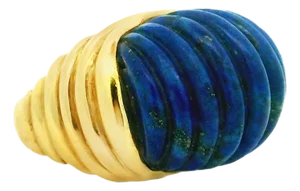 Vintage Italian 18k Gold Carved Lapis Lazuli Bombe Ring, Size 6.5