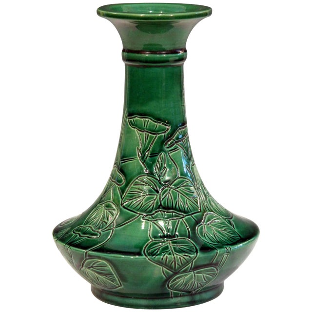 Antique Awaji Pottery Japanese Green Monochrome Bottle Vase Incised Bell Flowers For Sale - Image 11 of 11