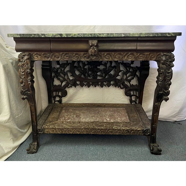 Early 1900's Wolverine Manufacturing Balinese Style Carved and Pierced Wood Console Table With Drawer and Marble Surfaces For Sale In West Palm - Image 6 of 12