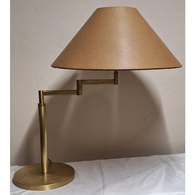 Vintage Brass Height-Adjustable Table Lamp with Handmade Faux Leather Swivel Shade, 1970s For Sale - Image 3 of 7