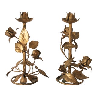 Italian Gilded Gold Tole Candle Holders - a Pair For Sale