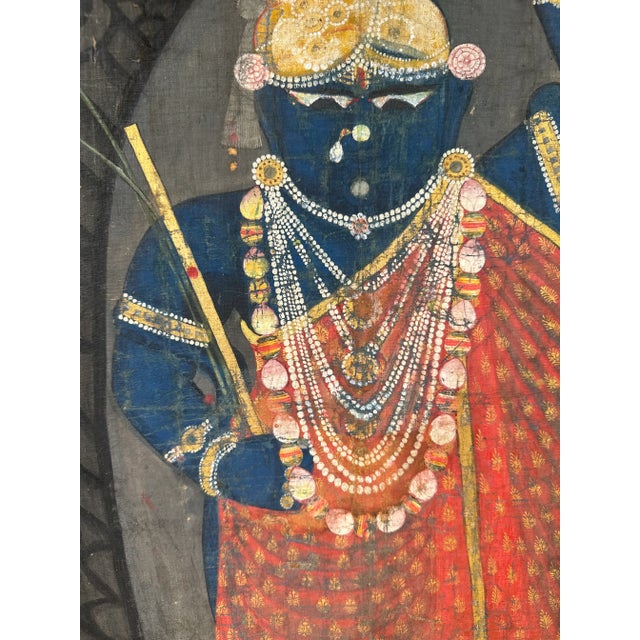 Early 20th Century India Pichhavai Shrinathji Pichhwai Krishna Vishnu Painting Antique Indigo Natural Pigments For Sale - Image 4 of 13