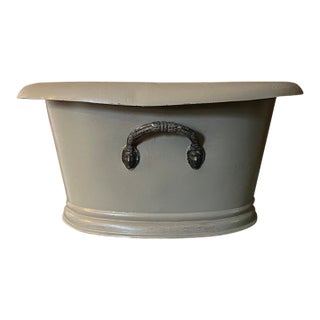 Antique 19th Century French Second Empire Tole Gray Painted Oval Jardiniere Cachepot Planter With Mask Handles For Sale