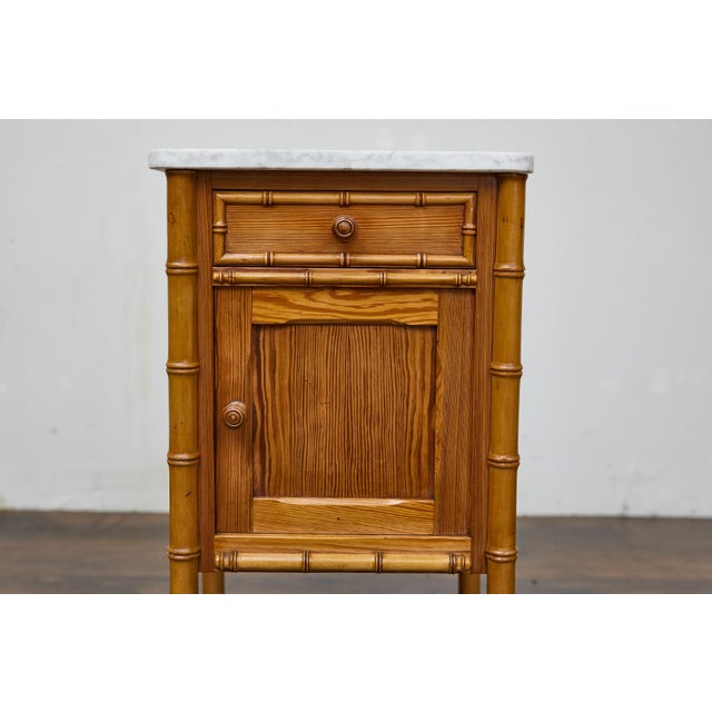 19th Century 19th Century English Pine Bedside Cabinet with Marble Top and Faux Bamboo Frame For Sale - Image 5 of 12