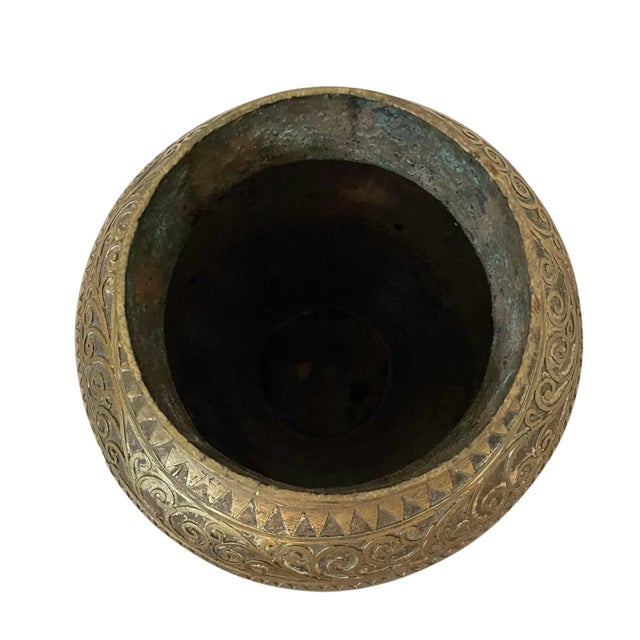 Antique Middle Eastern (?) Ornate Brass Vase 11" Hand Engraved For Sale In San Francisco - Image 6 of 8