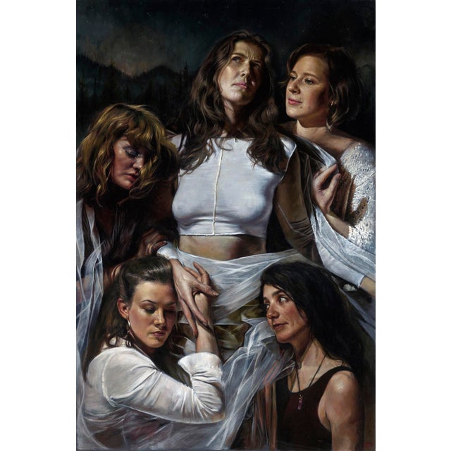 Babel by Daire Lynch | Oil On Canvas Portrait of five women in dramatic poses and expressions. For Sale