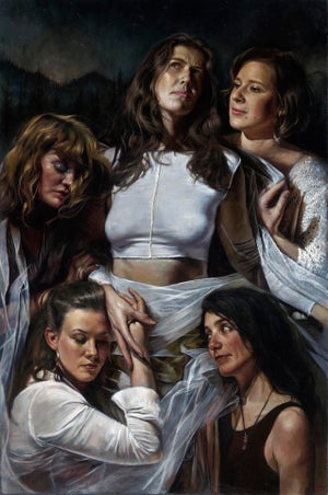 Babel by Daire Lynch | Oil On Canvas Portrait of five women in dramatic poses and expressions.