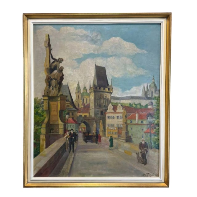 Von Bleyle, Charles Bridge, 1940, Oil on Wood, Framed For Sale