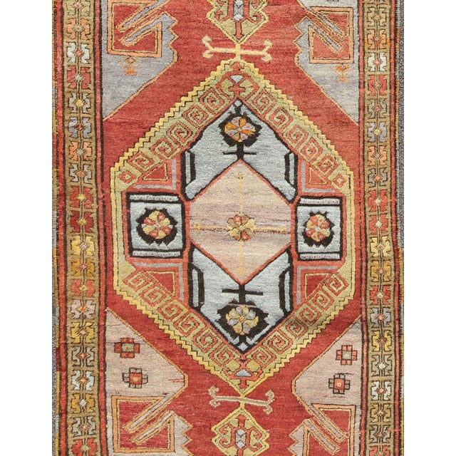 Long Vintage Turkish Oushak Gallery Runner With Geometric Medallions 4'2 X 13'3 For Sale - Image 4 of 6