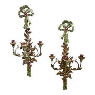 1960s Italian Tole Carved Wood Painted Triple Arm Candle Sconces, Pair For Sale