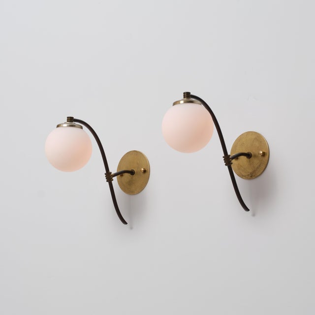 Vintage Italian Brass and Opaline Globe Sconces, 1950s, Set of 2 For Sale - Image 9 of 12