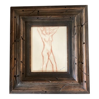 1940’s Original Female Nude Sepia Drawing Chunky Vintage Wood Frame For Sale