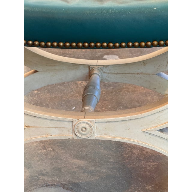 Traditional 1950s Curule Stool With Teal Leather Seat For Sale - Image 3 of 8