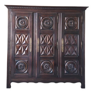 Antique Hand-Carved Renaissance Revival 3-Door Armoire/Cabinet in Dark Oak For Sale