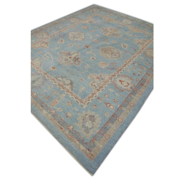 Early 21st Century Early 21st Century Blue Handwoven Wool Turkish Oushak Rug in Red Floral Pattern 8'4" X 10'2" For Sale - Image 5 of 7