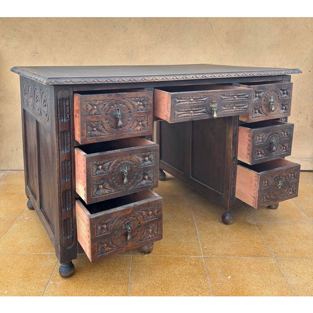 Antique Spanish Carved Oak Desk, 1910 For Sale - Image 6 of 10