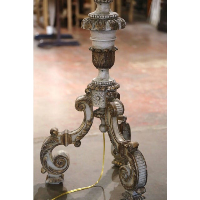 Gray Mid-19th Century Italian Carved Polychrome Wood Floor Lamp With Scroll Base For Sale - Image 8 of 10