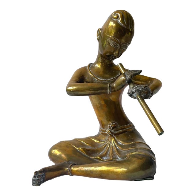 Ornate Brass Thai Musician Figurine or Snake Charmer, Vintage For Sale