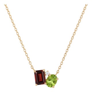 Garnet & Peridot Asymmetric Pendant Necklace | 18k Gold Plated Two-Stone Cluster Charm | Dainty January & August Birthstone Necklace For Sale