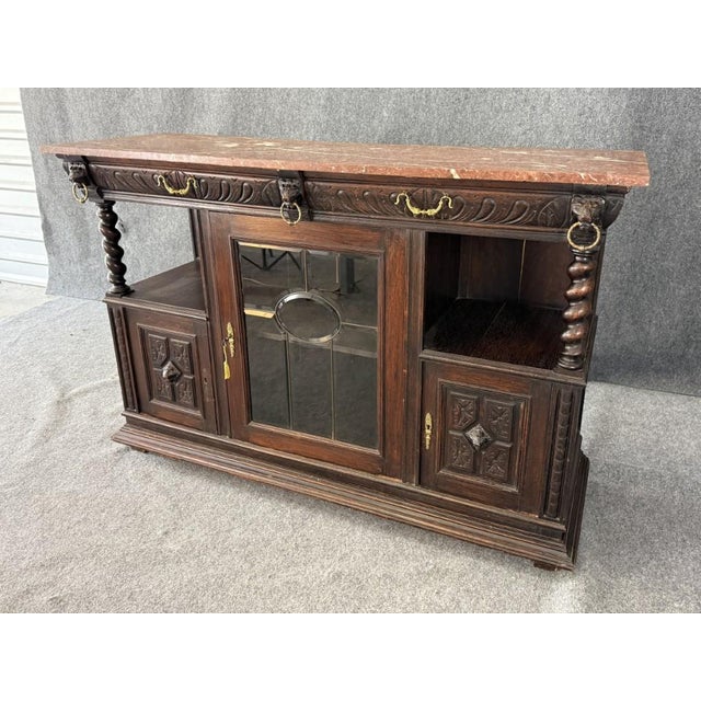 Victorian 19th Century Marble Top Continental Oak Buffet With Leaded Glass Door For Sale - Image 3 of 18