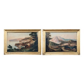 View of the Church of San Francesco in Cava de’ Tirreni and the Sorrento Coast, Naples, 19th Century, Oil on Canvases, Framed, Set of 2 For Sale