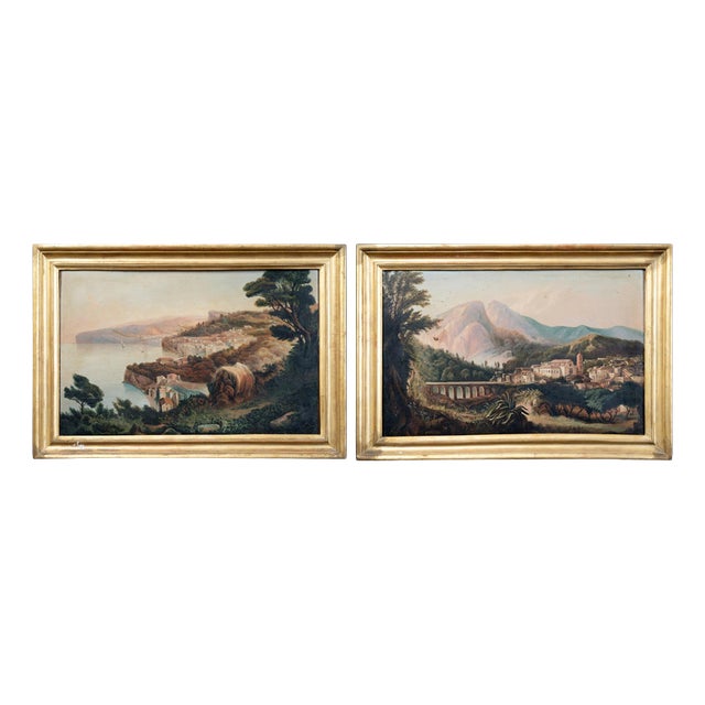 View of the Church of San Francesco in Cava de’ Tirreni and the Sorrento Coast, Naples, 19th Century, Oil on Canvases, Framed, Set of 2 For Sale