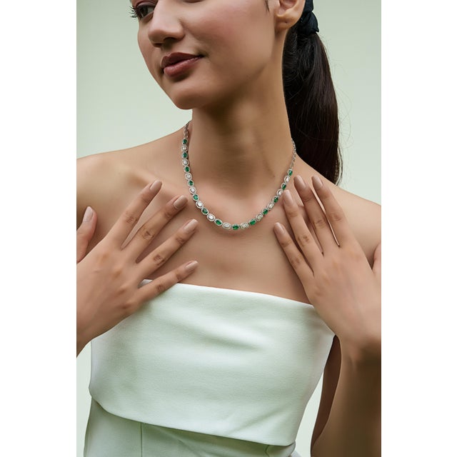 Green 5.71ct Zambian Emerald & 2.81ct Baguette Diamond Tennis Necklace 14k Gold For Sale - Image 8 of 13