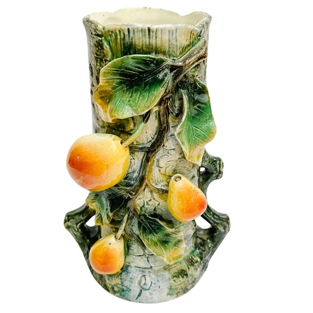 Ceramic Antique 19th C. Austrian Bohemian Majolica Pear Tree Trunk Vase by Josef Strnact For Sale - Image 7 of 14