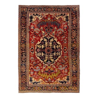 1900s Antique Handmade Wool Rug Persian Heriz Featuring a Medallion Motif For Sale