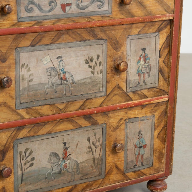 19th Century Original Hand-Painted Pine Chest of Three Drawers With Soldiers on Horseback For Sale - Image 12 of 13