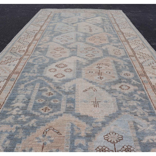 Textile Afghanistan Tabriz Gallery Runner With Soft Blue Field and Ivory Motifs For Sale - Image 7 of 16