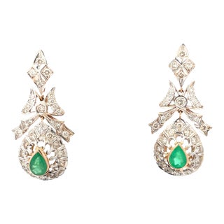 14k Gold 3 Carat Diamond & 1.50 CTW Emerald Drop Earrings, a Pair For Sale