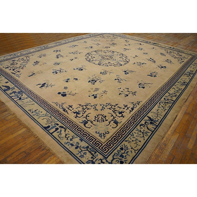 Beige 1890s Beige Floral Antique Chinese Peking Rug 11' 9" X 14' 8" Handknotted Wool Carpet For Sale - Image 8 of 10