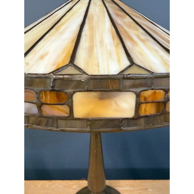 Arts & Crafts Antique Duffner & Kimberly Leaded Glass Table Lamp, Geometric Banded Shade For Sale - Image 3 of 11