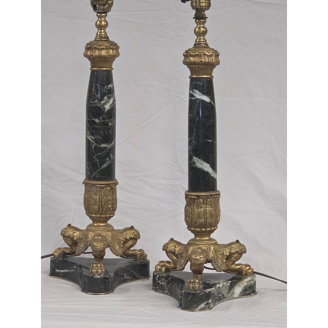 Vintage French Empire Neoclassical Style Marble and Gilt Bronze Table Lamps - a Pair For Sale - Image 11 of 14