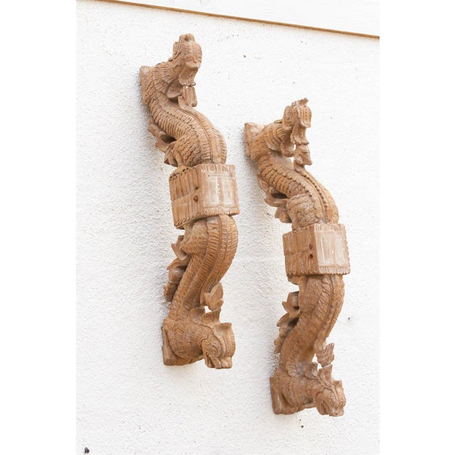 Wood Naga Guardians Pair of Finely Carved Dragon Brackets For Sale - Image 7 of 13