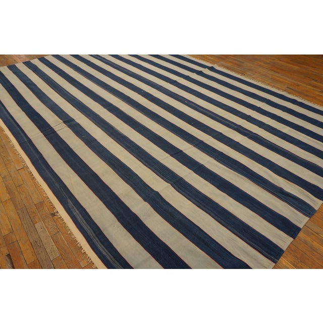 1920s Blue White Stripe Antique Agra Dhurrie Indian Rug 8'6" X 13'2" Flat Weave Cotton Carpet For Sale - Image 4 of 7