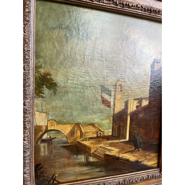 Late 20th Century Heavy Carved Wood Framed Oil Painting of Italian Architectural Scene For Sale In Indianapolis - Image 6 of 11