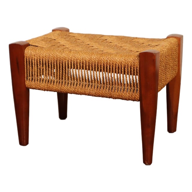 Vintage Danish Style Woven Wood Peg Foot Stool 50's 60's Retro Mid Century Modern Eclectic Boho Bamboo Basket Weave Paper Cord For Sale