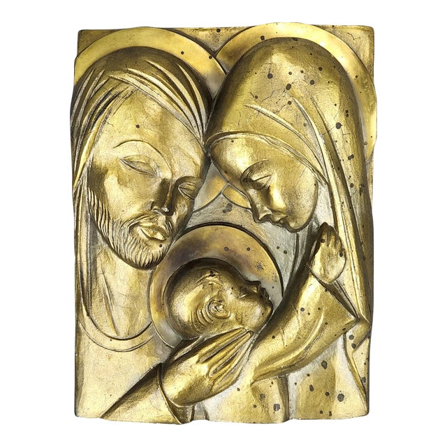 Antique Gilt Metal Holy Family Joseph Virgin Mary and Jesus Wall Hanging Plaque For Sale